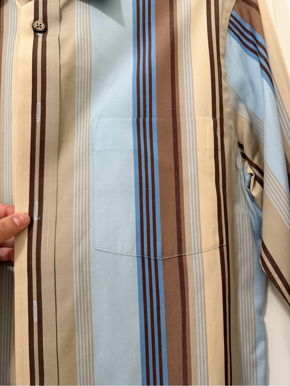 Express Men’s Dress Shirt Small S Blue Tan Brown Striped Button Up Long Sleeve - Picture 6 of 10